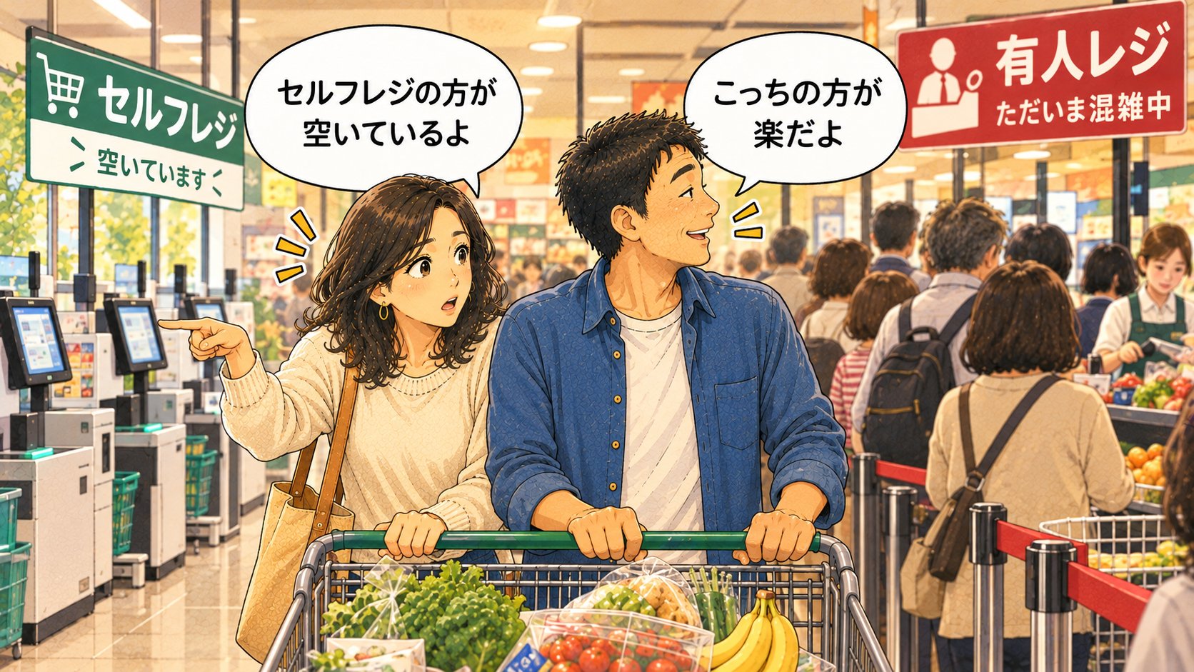 スーパーのレジ前で、セルフレジと有人レジのどちらにするか話している夫婦のイラスト
